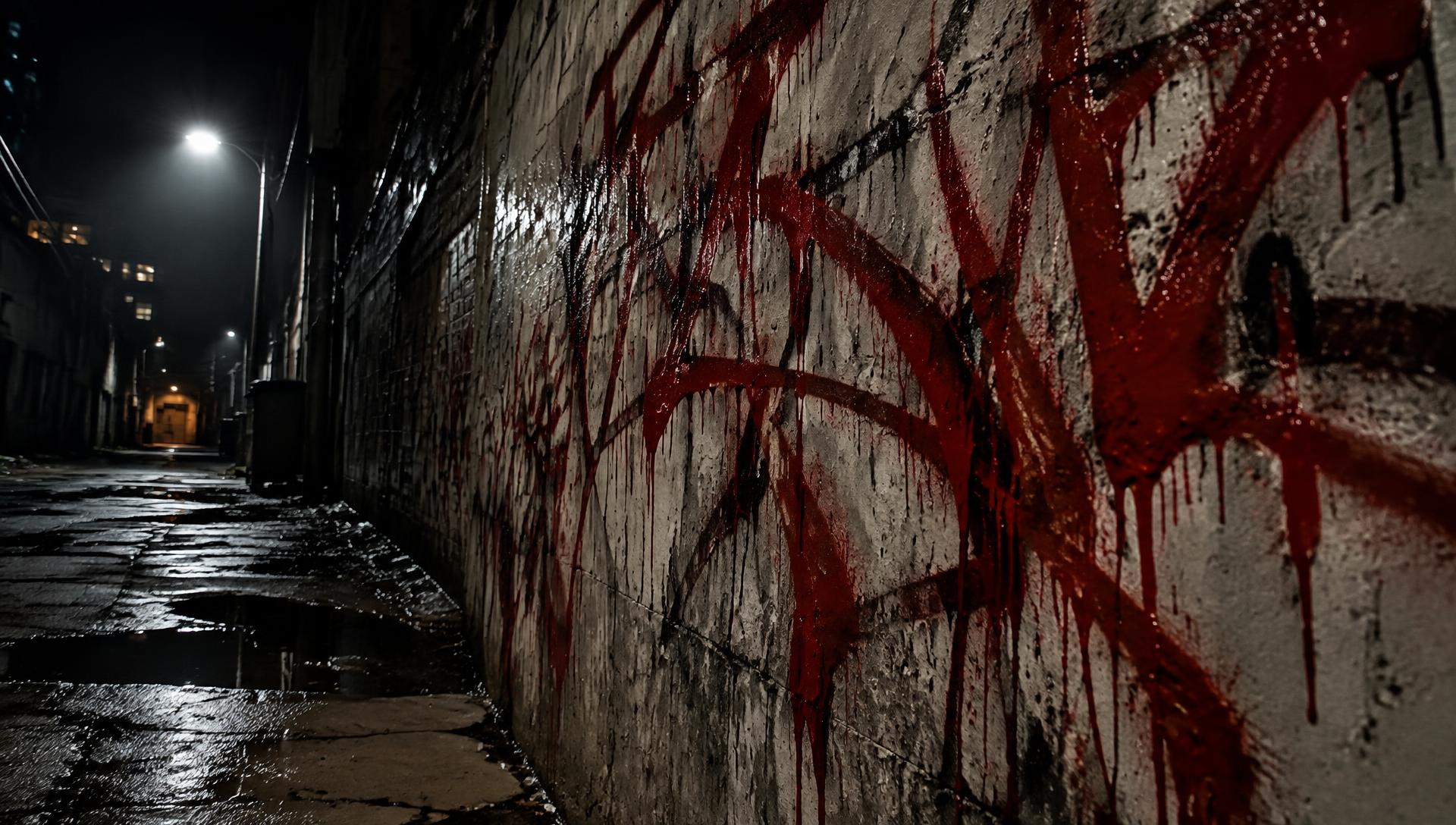 Red spray-painted graffiti on a concrete alley wall at night